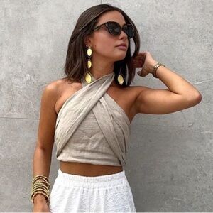 Commense Cross-Front Crop Top in Beige Taupe